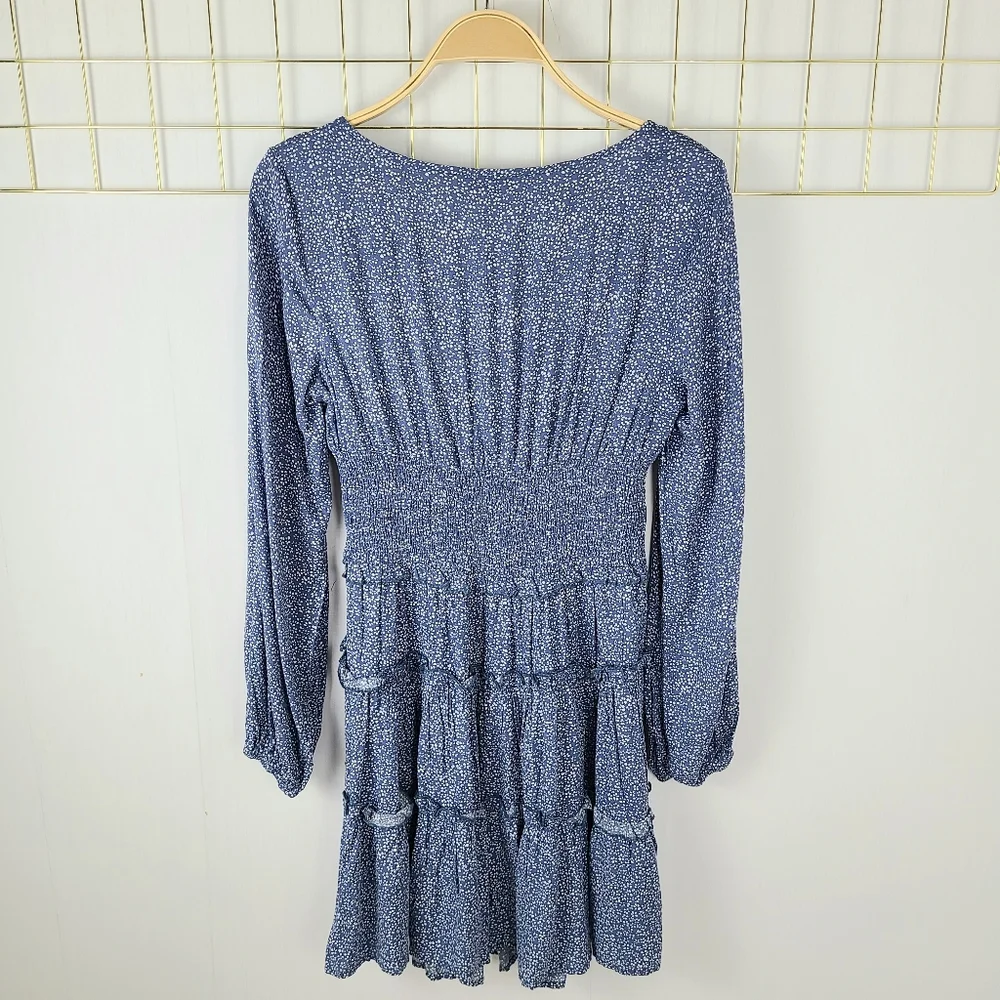 Stellah Blue White Dot Print Smocked Waist Milkmaid Long Sleeve Dress